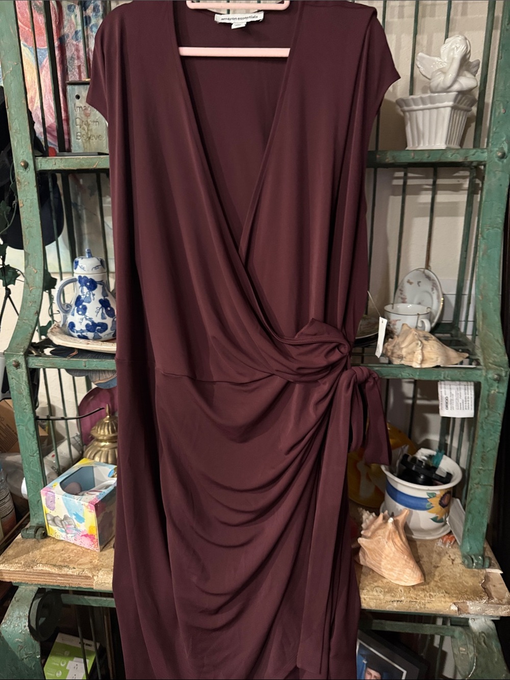 Amazon Essentials Burgundy Faux-Wrap Maxi Dress with Side Tie